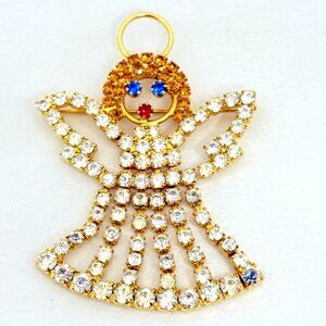 Vintage Christmas Angel with Halo Brooch Gold Tone Rhinestones